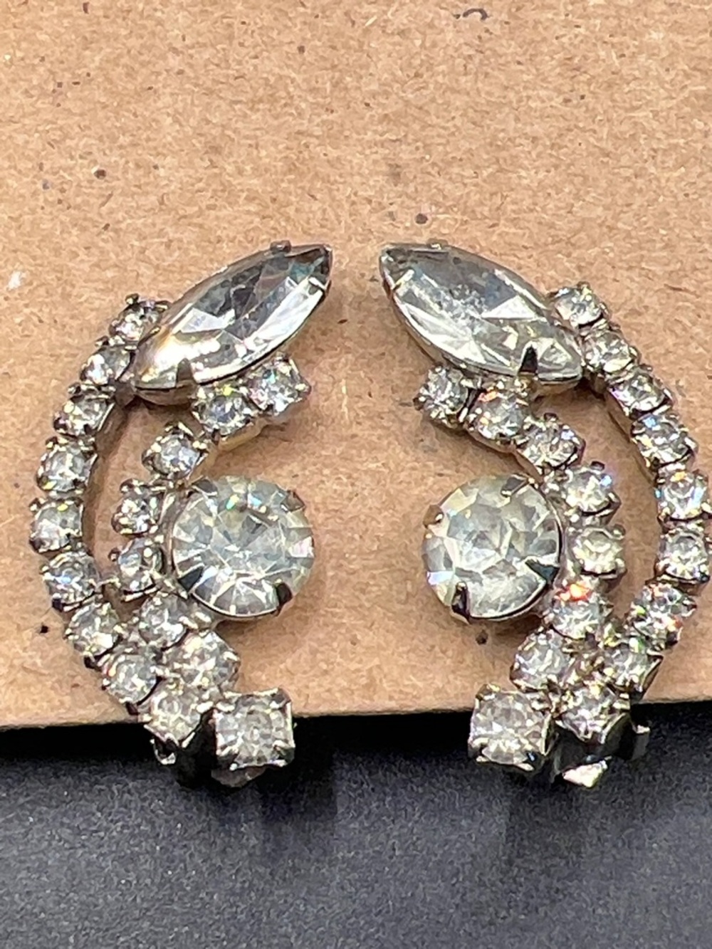 Vintage  Clear Crystal Rhinestone Curved Earrings
